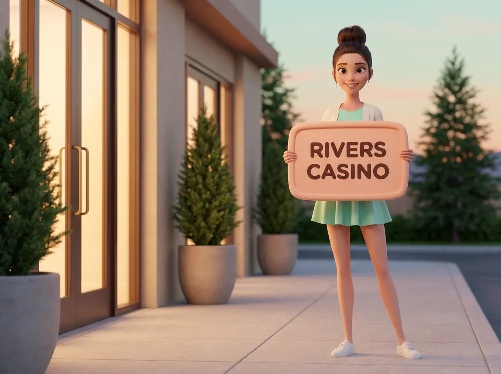 Generated picture of a character drawn for this guide: a young woman with a high dark bun, a mint mini dress and white sneakers stands on a downtown sidewalk at dusk, holding a soft peach board that reads Rivers Casino, beside glass doors and young spruce trees.